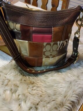 Coach Patchwork Leather Crossbody Bag - Brown with Gold and Red Accents